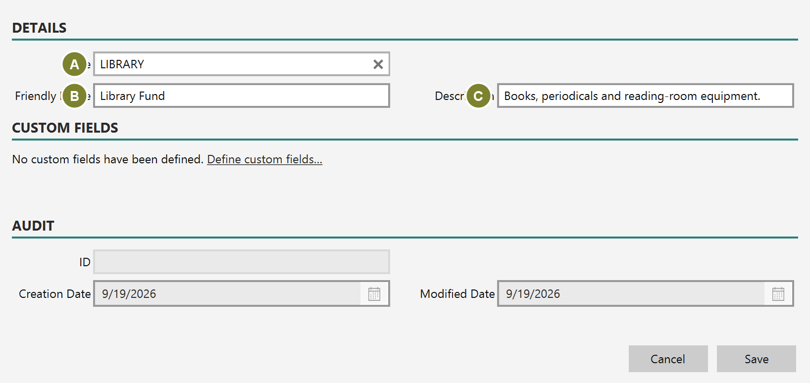 The designation form with Code set to LIBRARY, Friendly Name set to Library Fund, and a description filled in