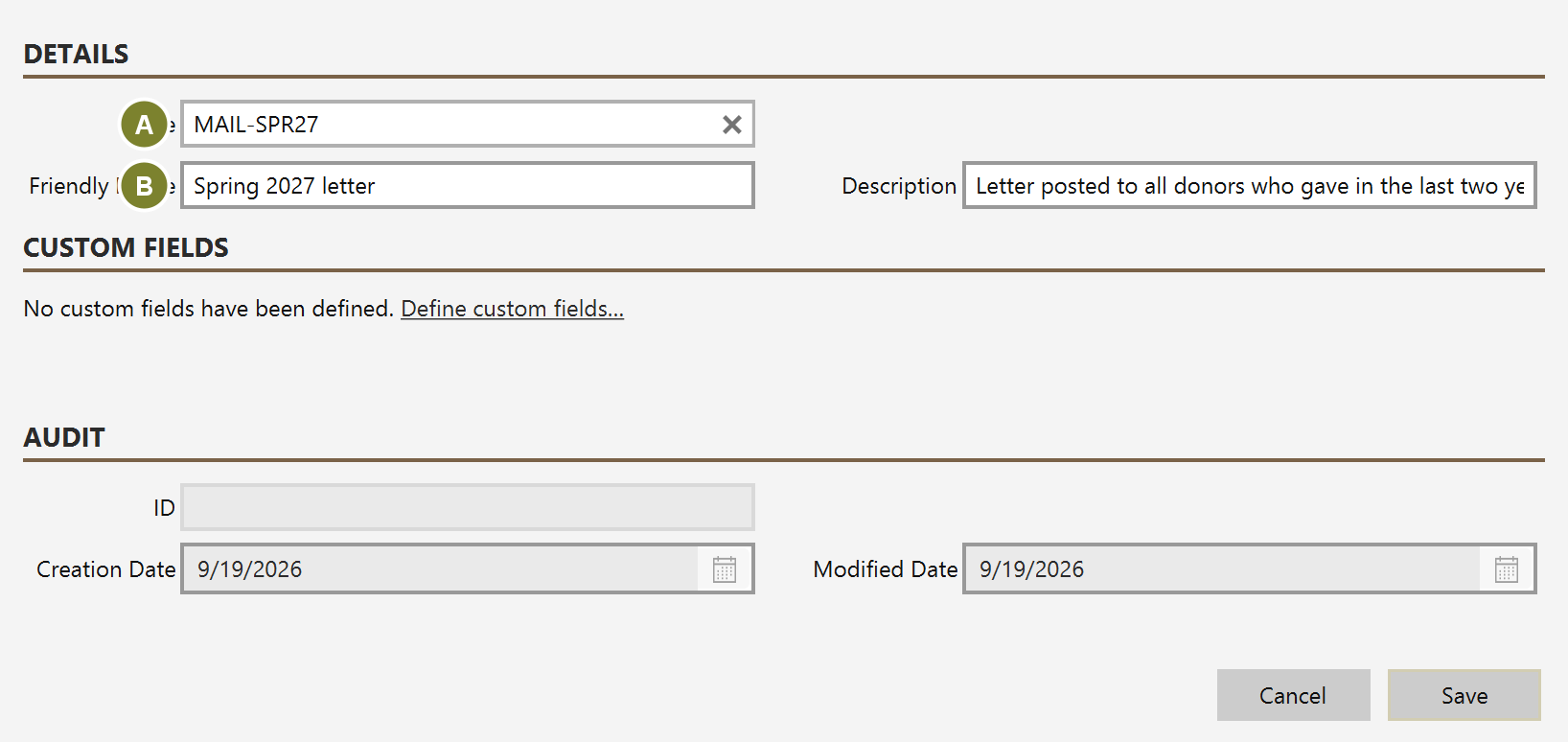 The appeal form with Code set to MAIL-SPR27 and Friendly Name set to Spring 2027 letter
