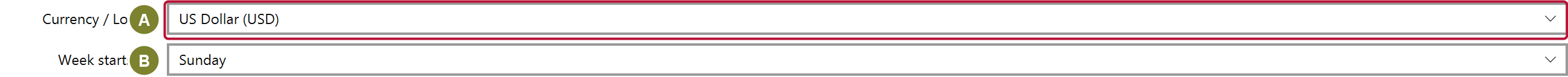 The Currency and Formatting section showing a currency and locale dropdown and a week-start dropdown