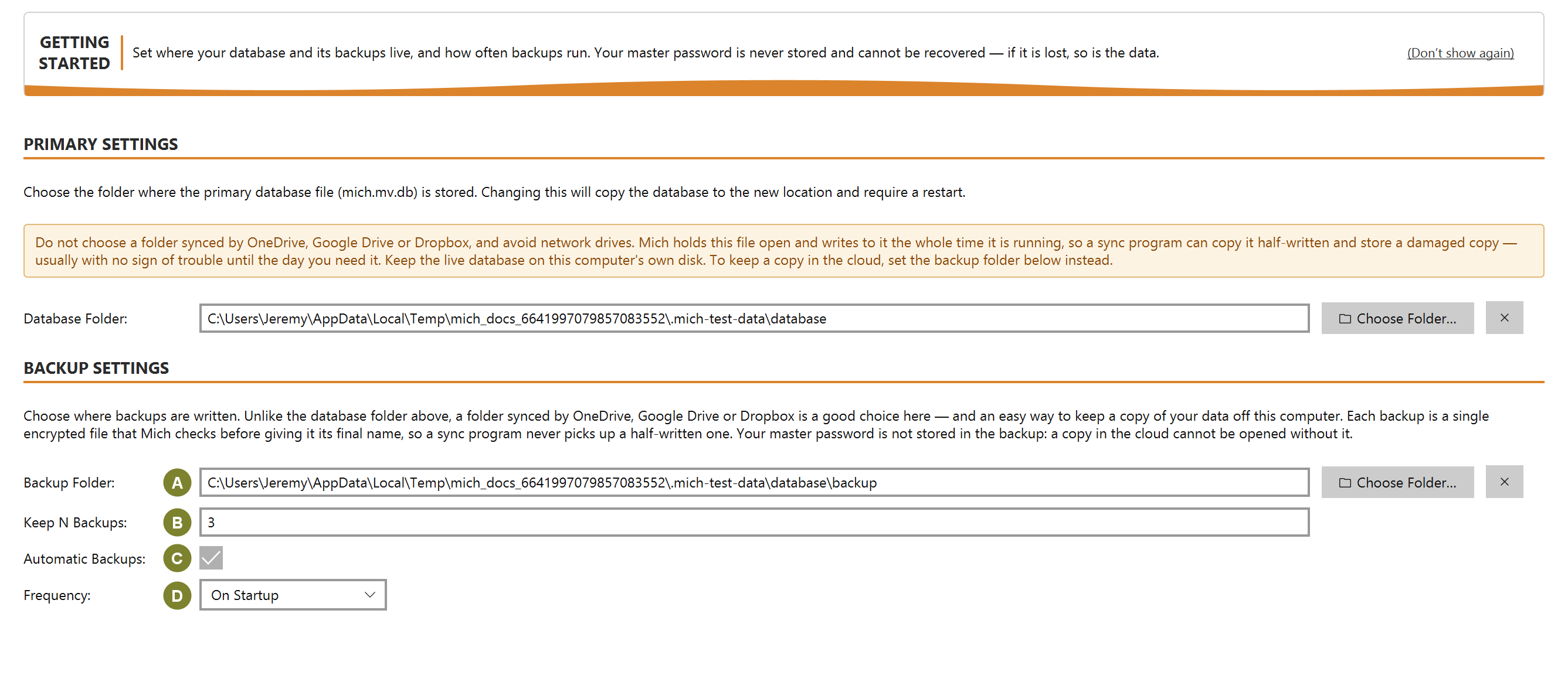 The Database tab showing backup folder, keep-N-backups, automatic backups and frequency settings