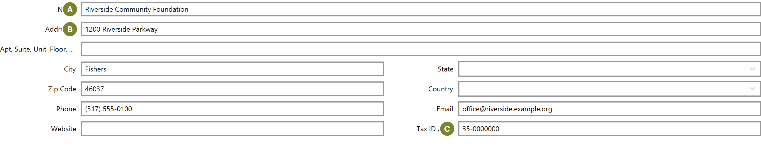 The Organization tab with name, address, phone, email and Tax ID fields filled in for Riverside Community Foundation