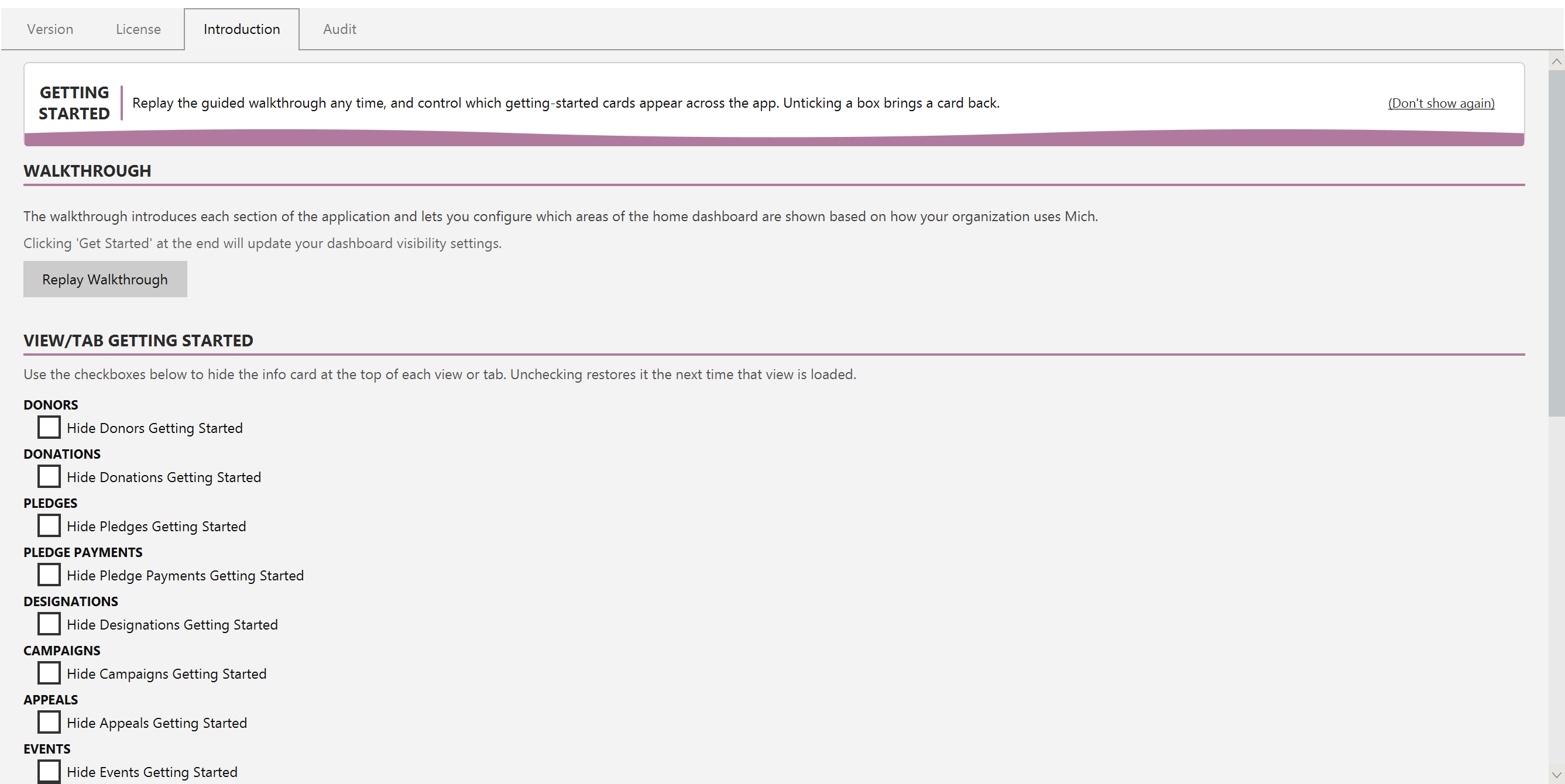 The About view on the Introduction tab, showing the Replay Walkthrough button above a list of checkboxes for hiding each getting-started card