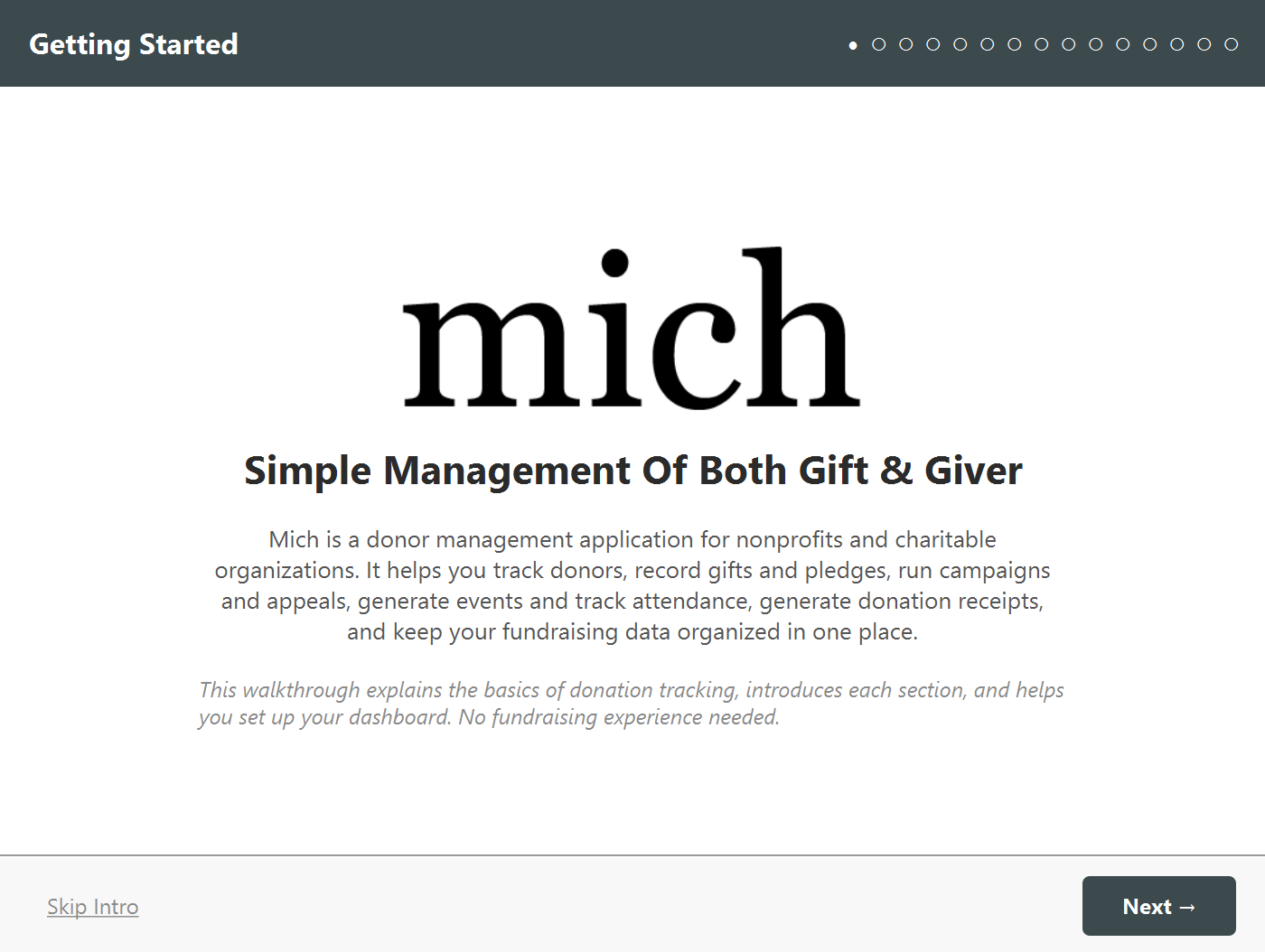 The walkthrough opened at its welcome slide, introducing Mich as a donor management application for nonprofits