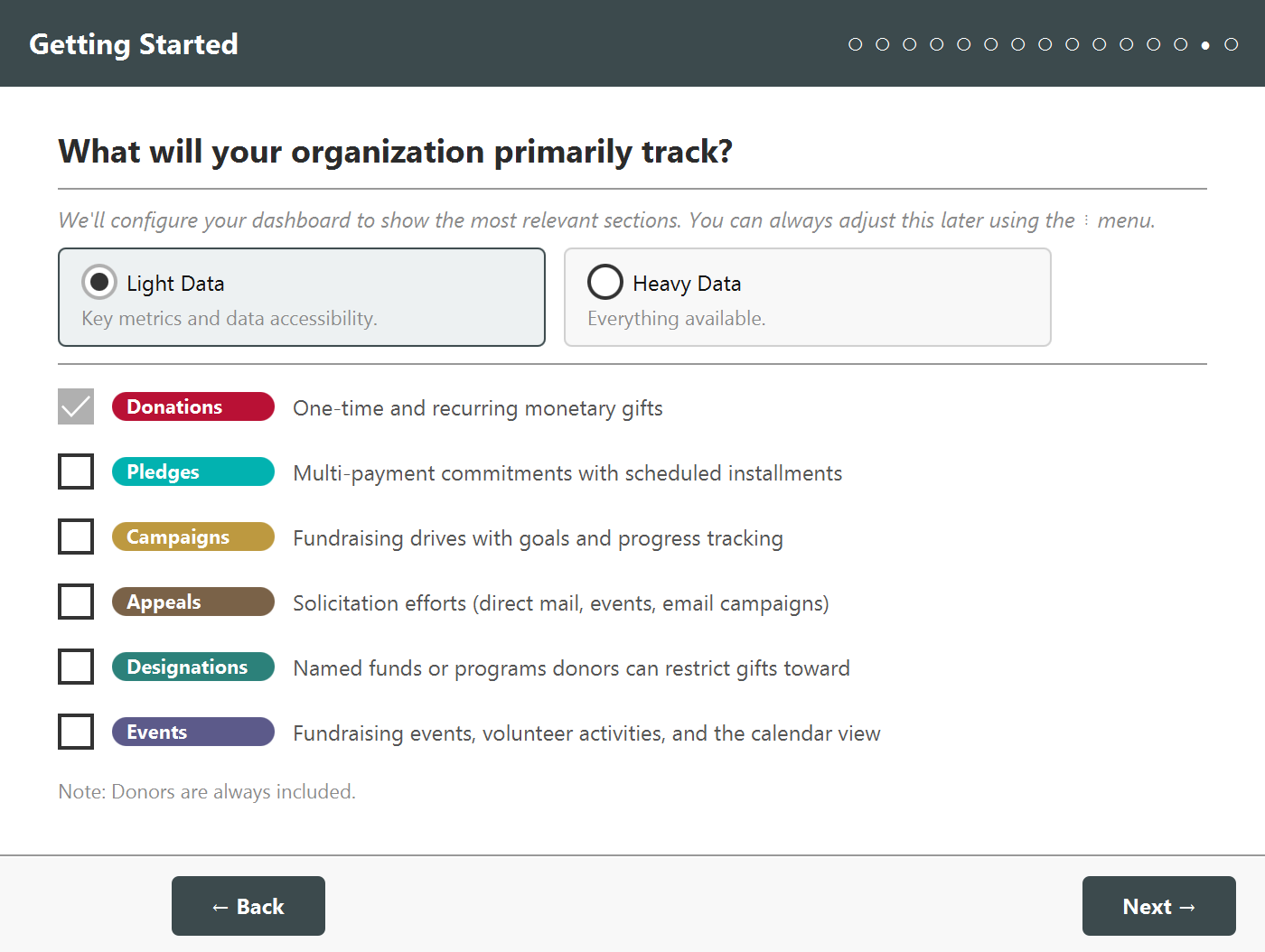 The final question slide asking what your organization primarily tracks, with colored pills for donations, pledges, campaigns, appeals, designations and events
