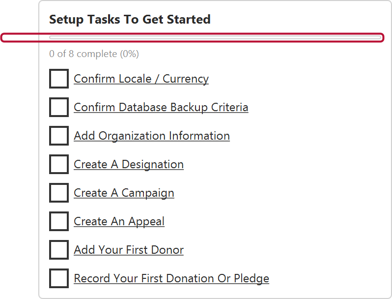 The Setup Tasks To Get Started card showing an empty progress bar reading 0 of 8 complete, above eight unticked steps beginning with Confirm Locale slash Currency