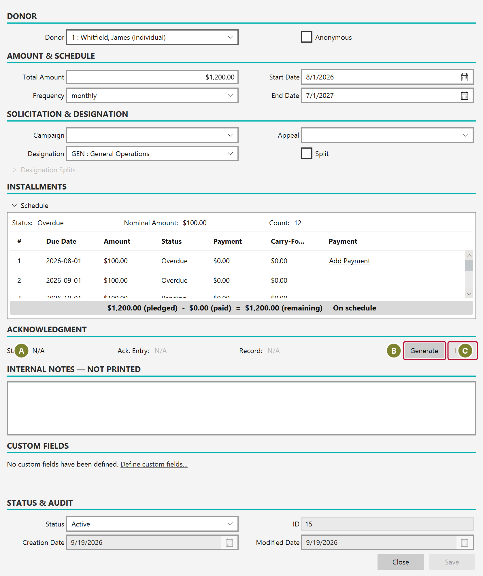 The Acknowledgment panel on a pledge form showing status, a Generate button and an Issue button