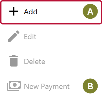 The Actions panel on the Pledges view with the Add button outlined and the New Payment button below it