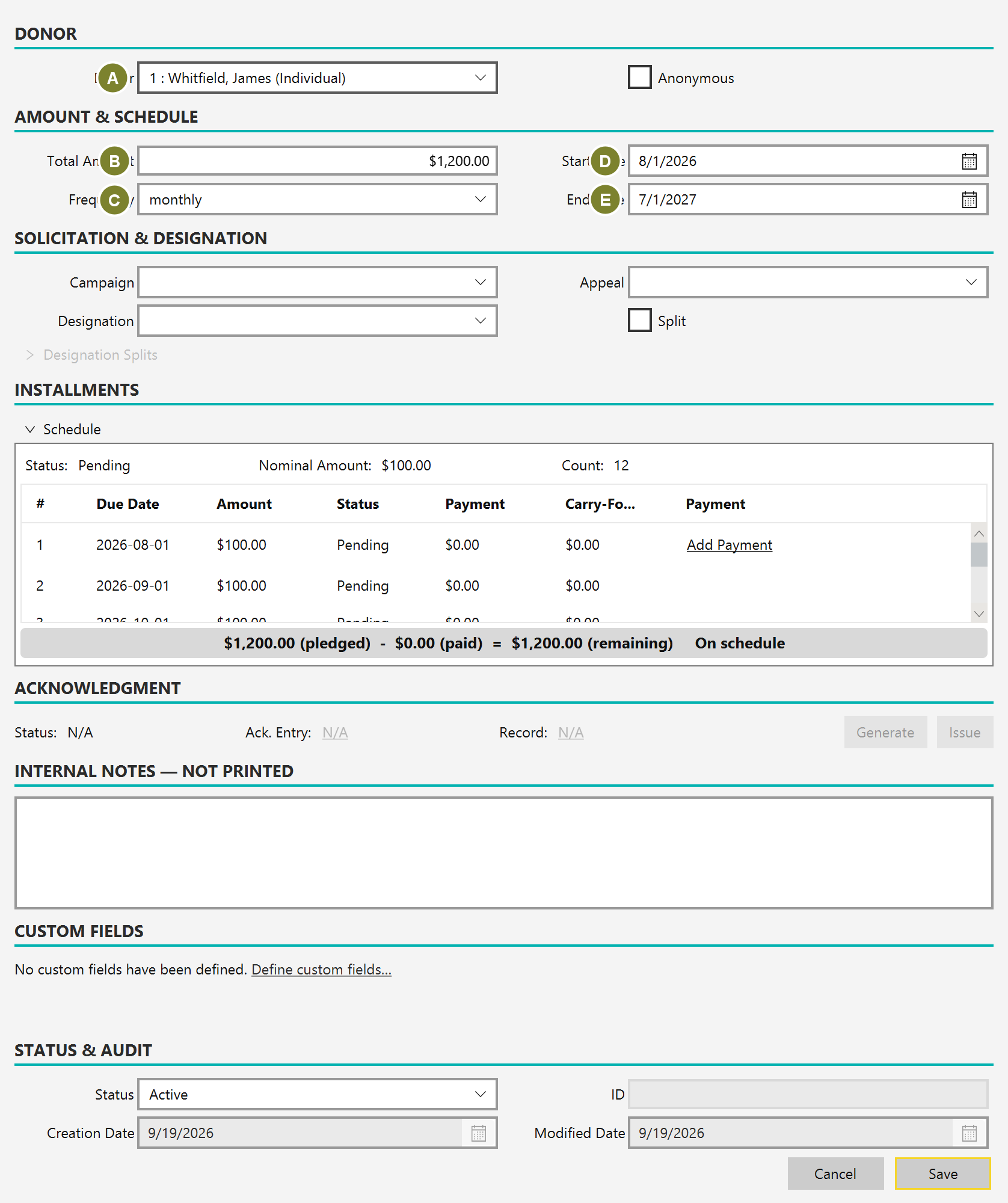 The pledge form with a donor, a total amount of 1,200 dollars, a monthly frequency, and start and end dates