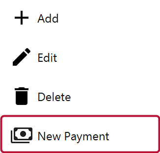 The Actions panel on the Pledges view with the New Payment button outlined