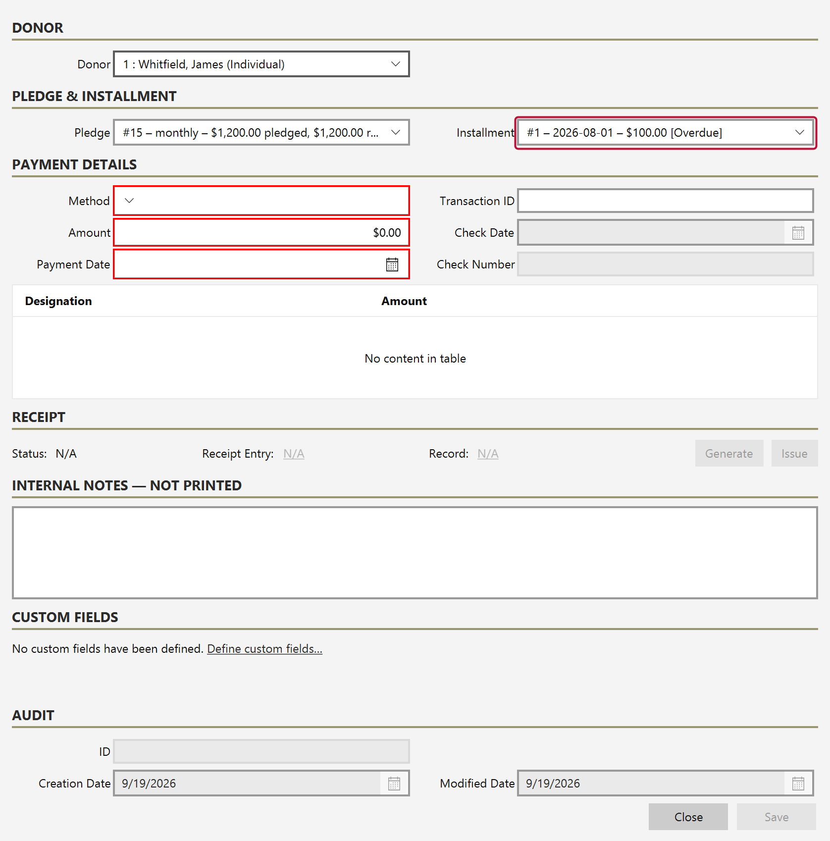 A new pledge payment form with the donor and pledge already filled in and the Installment dropdown outlined