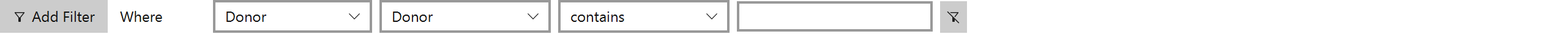 A filter row on the Pledges view reading Where, with field, condition and value dropdowns