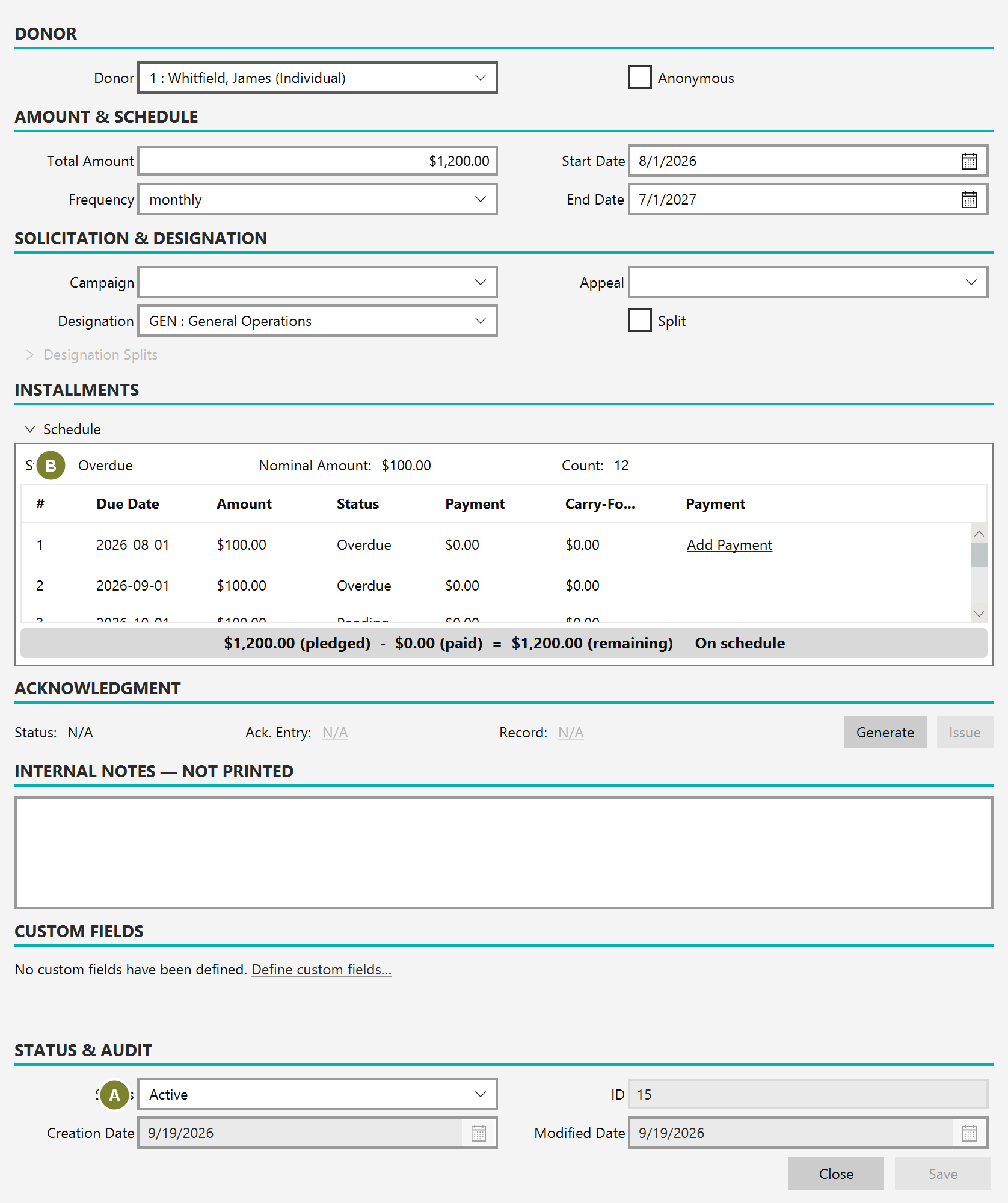 The Status and Payment Status fields on a pledge form