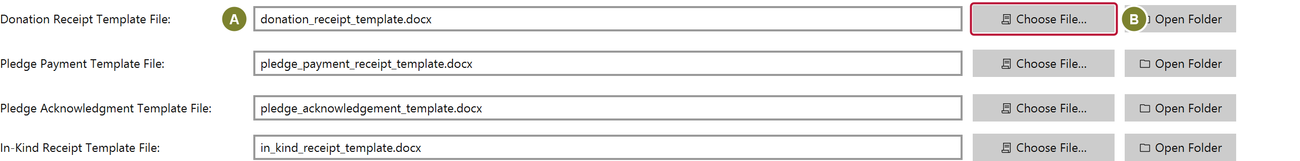 The Record Templates section showing the donation receipt template file with a Choose File button outlined