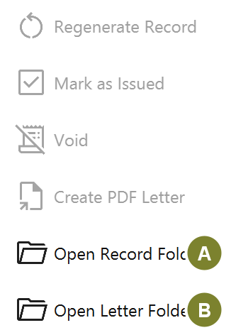 The Actions panel with Open Record Folder and Open Letter Folder marked