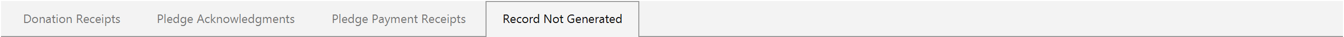 The four Receipts tabs: Donation Receipts, Pledge Acknowledgments, Pledge Payment Receipts and Record Not Generated