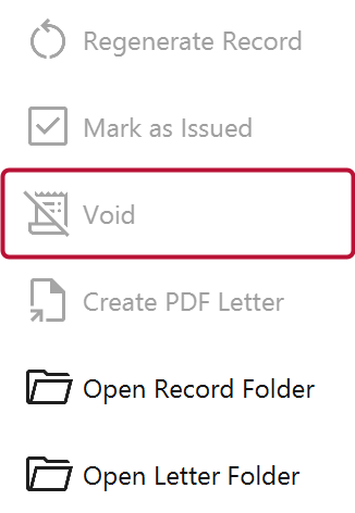 The Actions panel with the Void button outlined