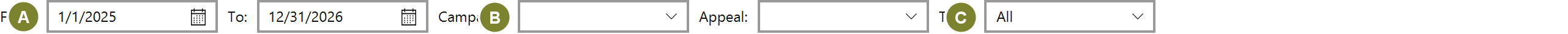 The query panel with From and To dates, and campaign, appeal and record-type dropdowns