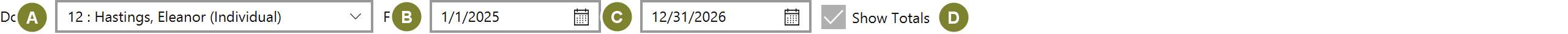 The Donor Giving query panel with a donor selected, a From and To date, and the Show Totals checkbox