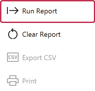The Actions panel with Run Report outlined, above Clear Report, Export CSV and Print